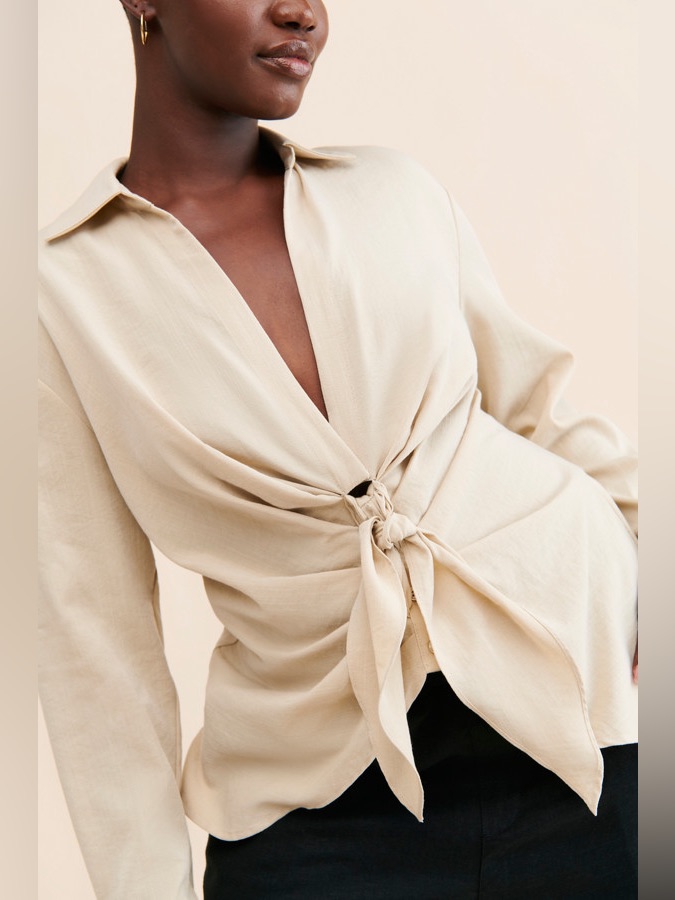 Nwt Eloquii From Anthropologie Tie-Front Collared Blouse In Neutral Sz 16